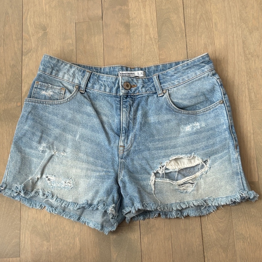 Zara Light Blue Distressed Denim Shorts